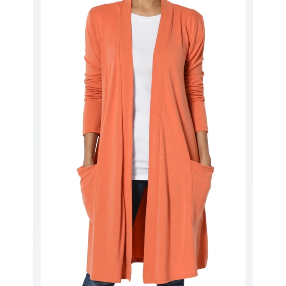 Peach Cardigan Sweater Long Sleeves Open Front W/Pockets Sz. L - Picture 1 of 10